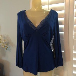 Pierre Cardin Womens Tunic Top Navy Blue Long Sleeve V Neck Stretch Lace M NWT